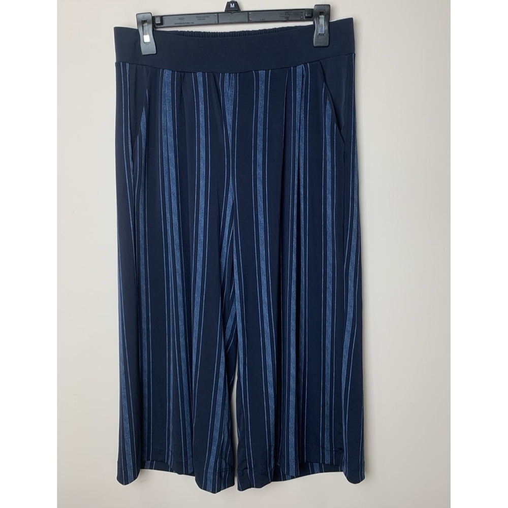 Jones New York Wide Leg Crop Pant Womens Medium Navy Blue Stripe Pull On Stretch